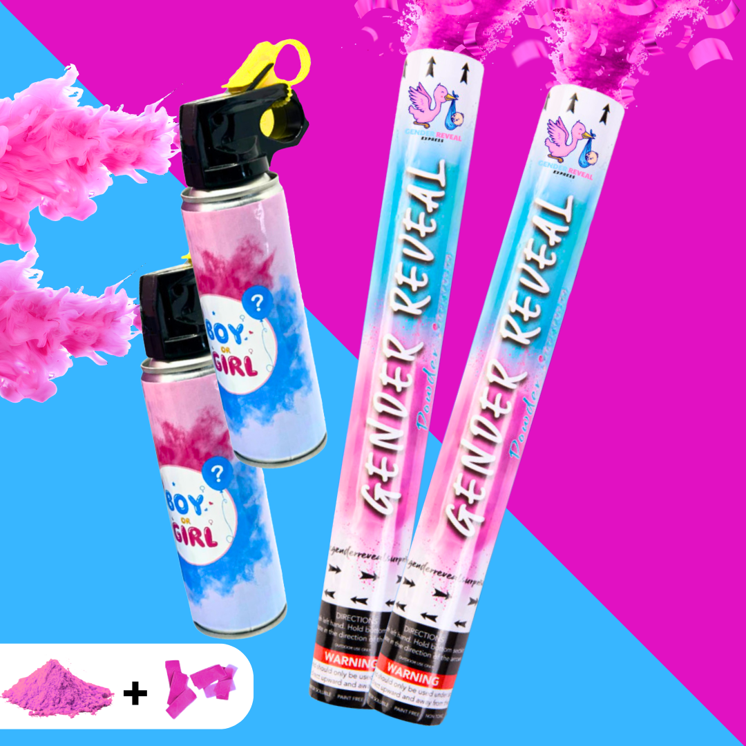 Pink gender reveal smoke blasters and confetti cannons with powder for baby girl party.