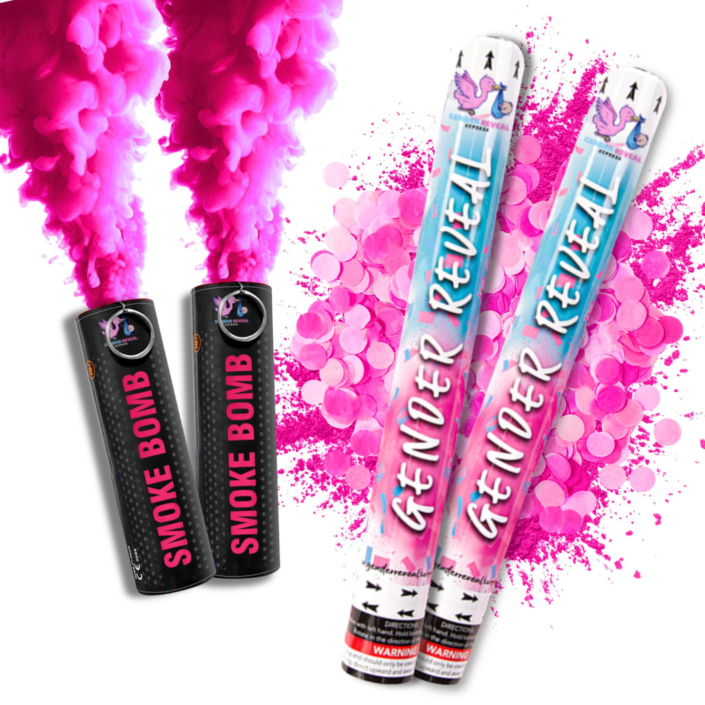 Pink gender reveal smoke bombs and confetti cannons with powder for baby Gender reveal celebration