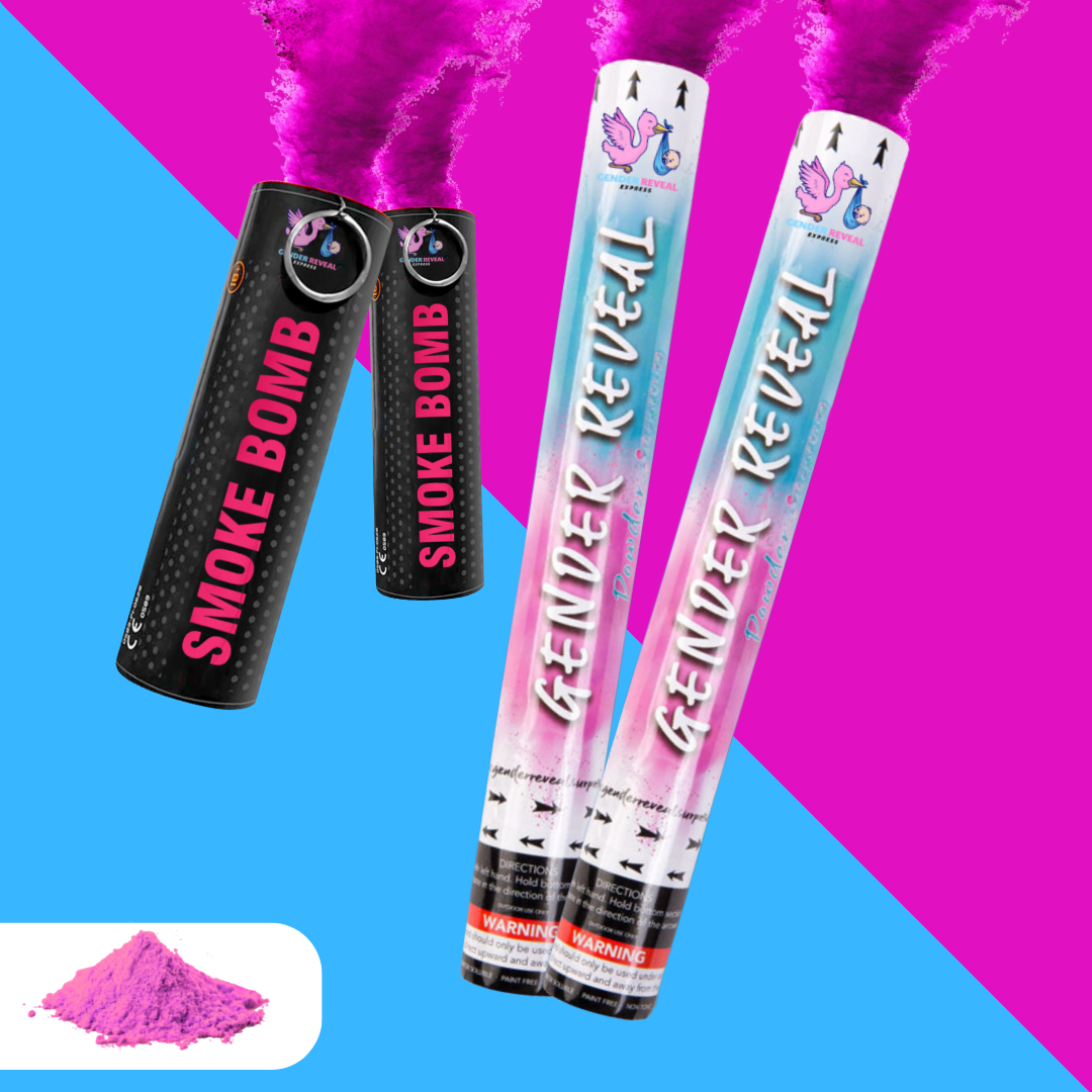 Pink gender reveal smoke bombs and cannons with powder for baby girl announcement