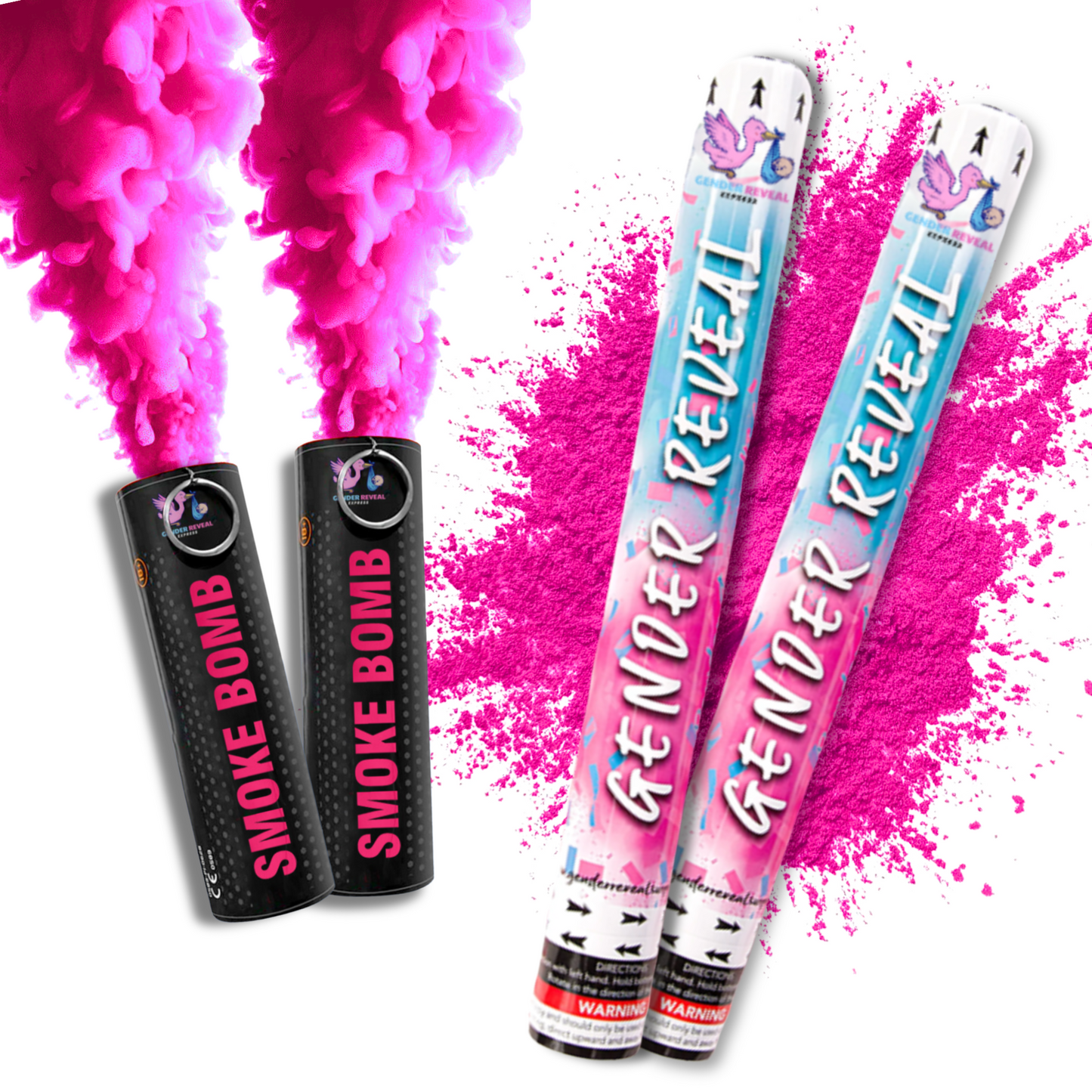 Pink gender reveal smoke bombs and cannons with powder for baby girl Gender Party