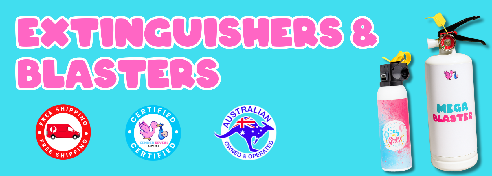 Gender Reveal Extinguishers & Blasters, pink or blue, gender reveal ideas