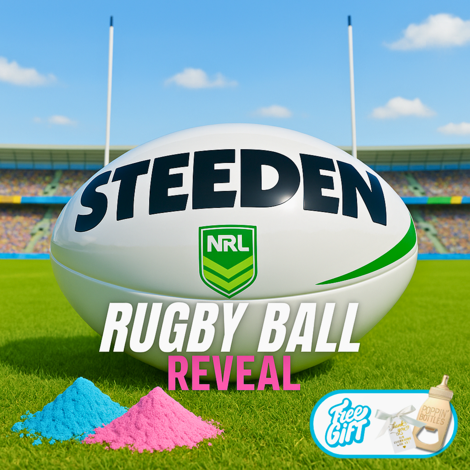 Gender Reveal NRL Rugby Ball with Pink and Blue Powder For Gender Reveal Boy or Girl Announcement Party.