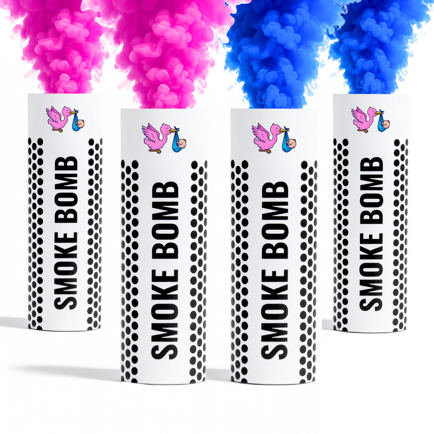 Gender reveal Pink and Blue smoke bombs bundle 4 pack, releasing bright pink and blue smoke for baby girl and boy announcements, photography, parties and creative events