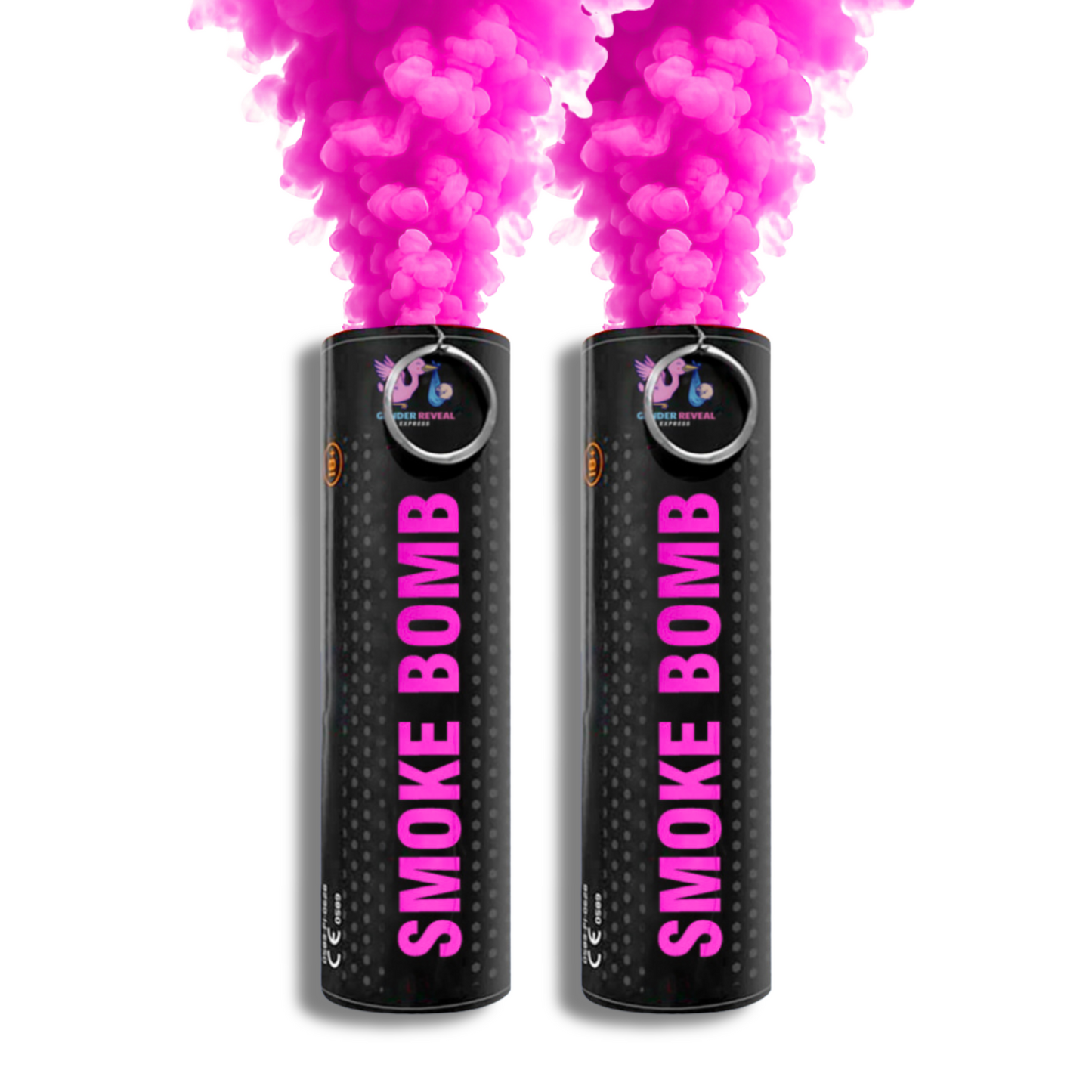 Pink gender reveal smoke bomb emitter 2 pack, releasing bright smoke for baby girl announcements, photography, parties and creative events