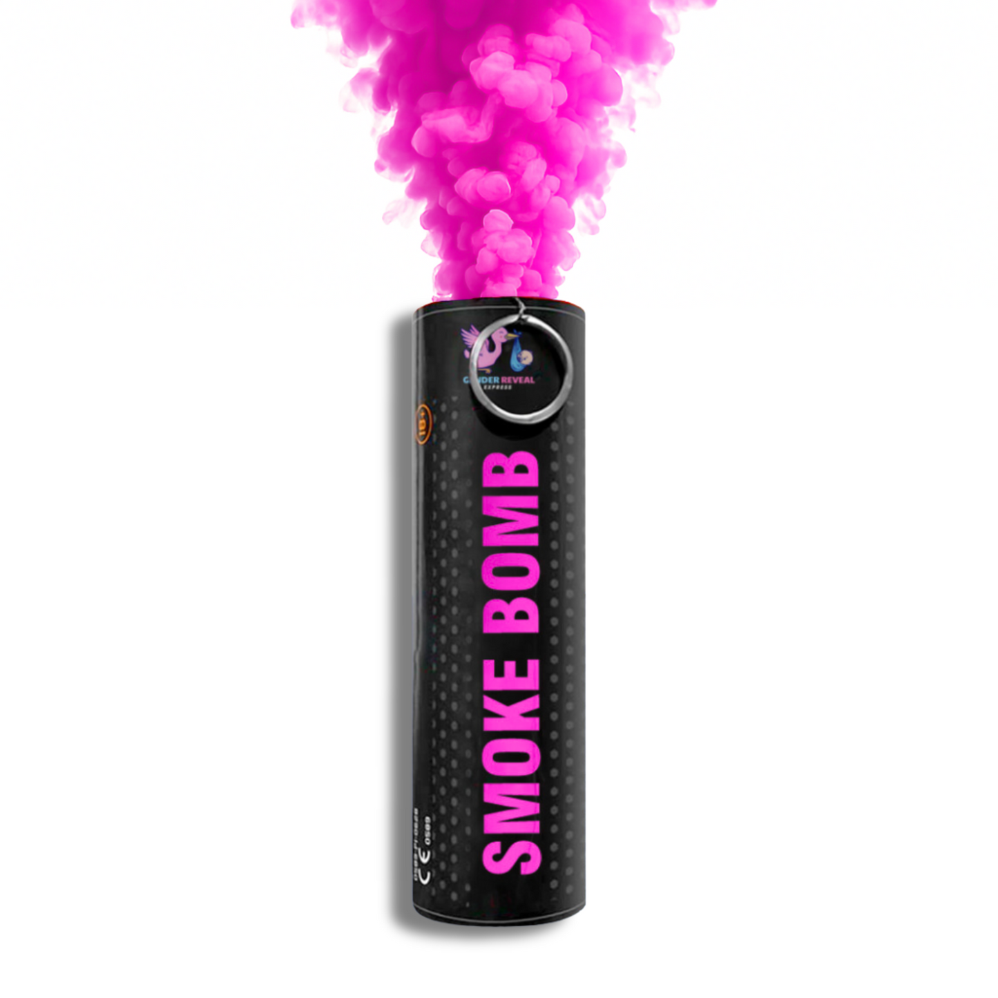 Pink gender reveal smoke bomb emitter releasing bright smoke for baby girl announcements, photography, parties and creative events