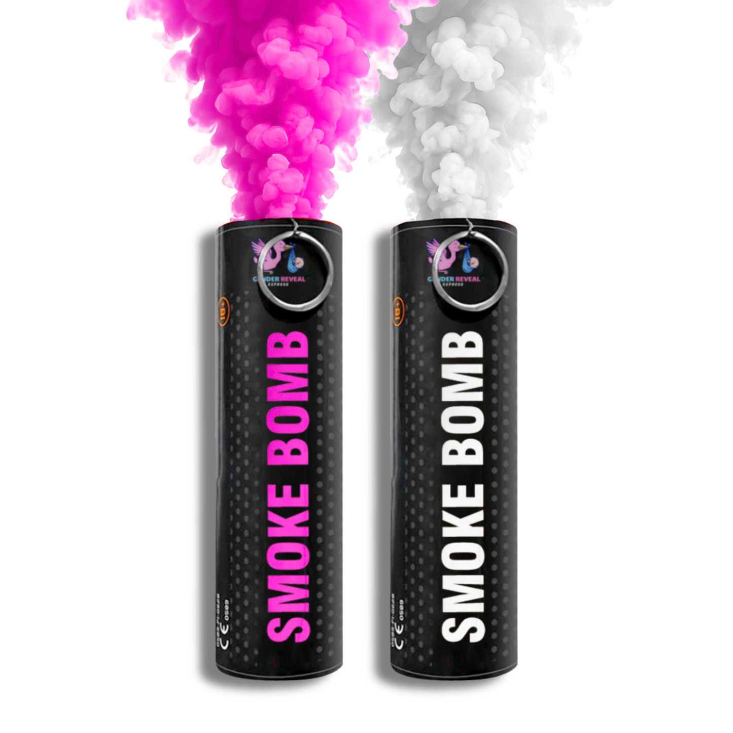gender reveal Pink and White/Prank smoke bomb emitter 2 pack, releasing bright pink smoke for baby girl and white smoke for prank reveal.