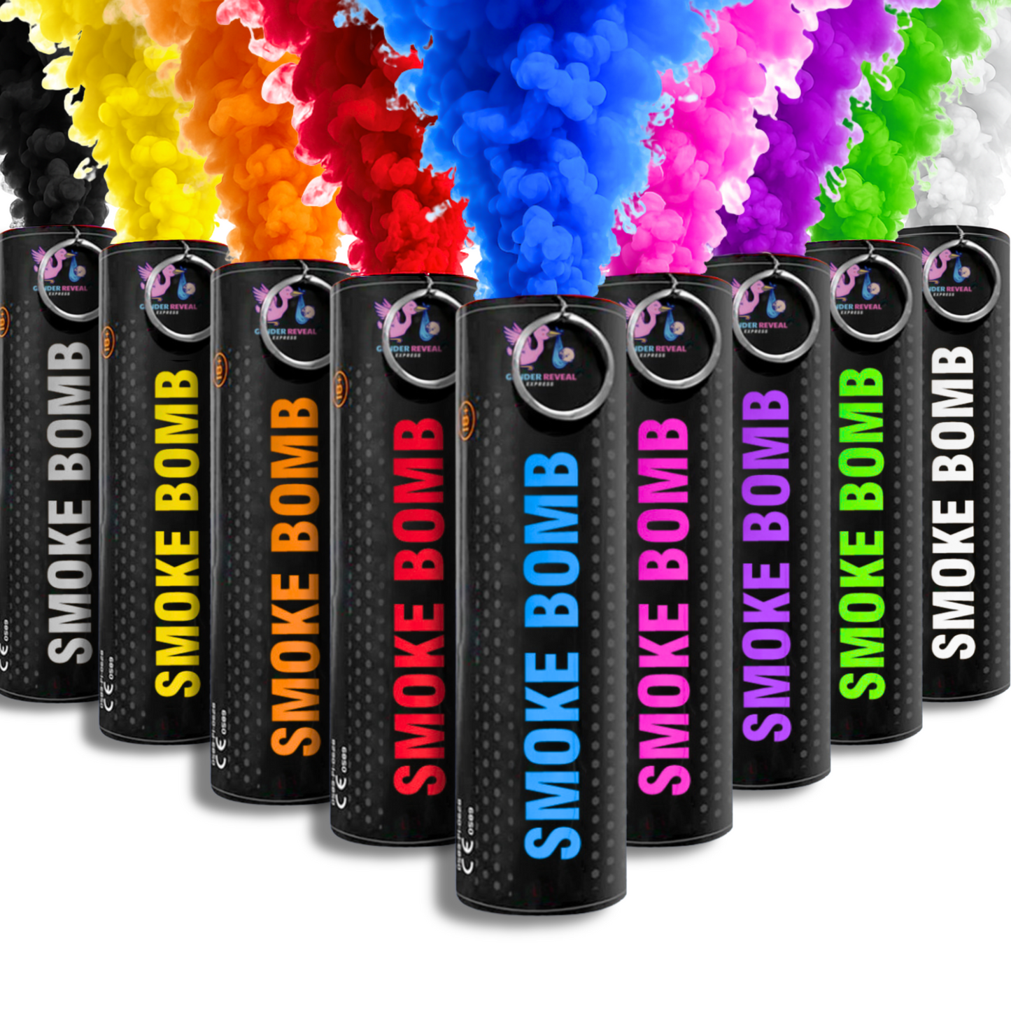 Gender reveal smoke bombs in assorted colours including blue, pink and white, perfect for parties, photography, events and baby announcements