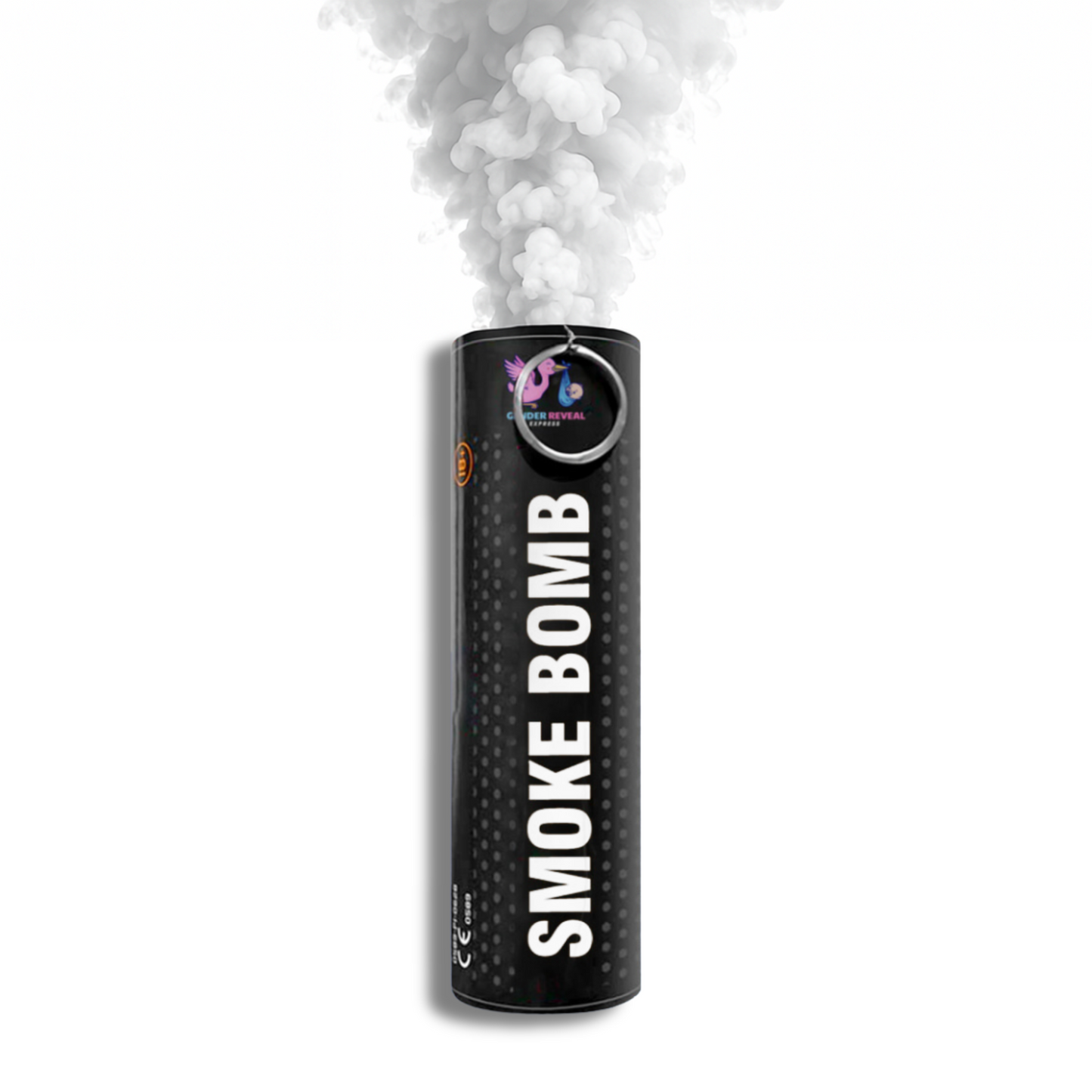 White gender reveal smoke bomb emitter releasing thick smoke for pranks, weddings, photography, parties, sports events and creative effects