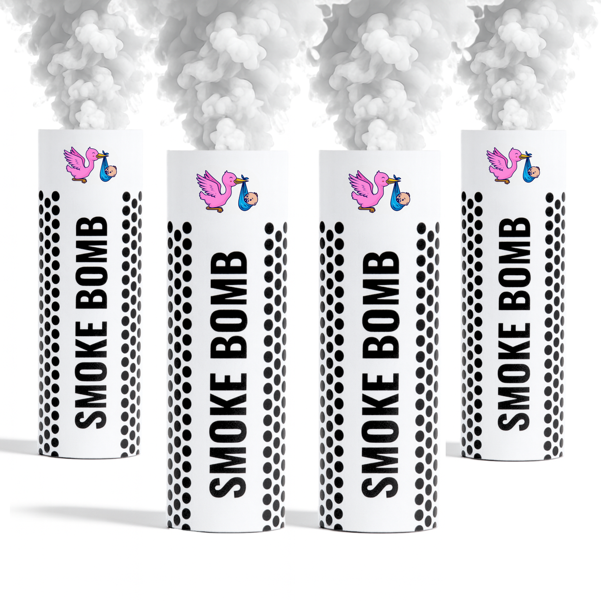 White gender reveal smoke bombs bundle releasing thick white smoke for pranks, weddings, photography, parties, sports events and creative effects