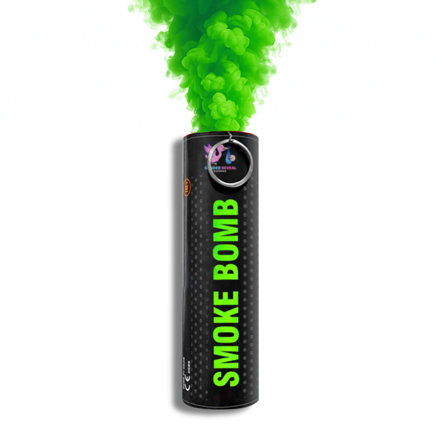 Green smoke bomb emitter releasing vibrant smoke for photography, gender reveals, parties, sports events and creative effects