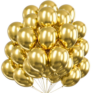 Metallic gold helium balloons clustered together on white background