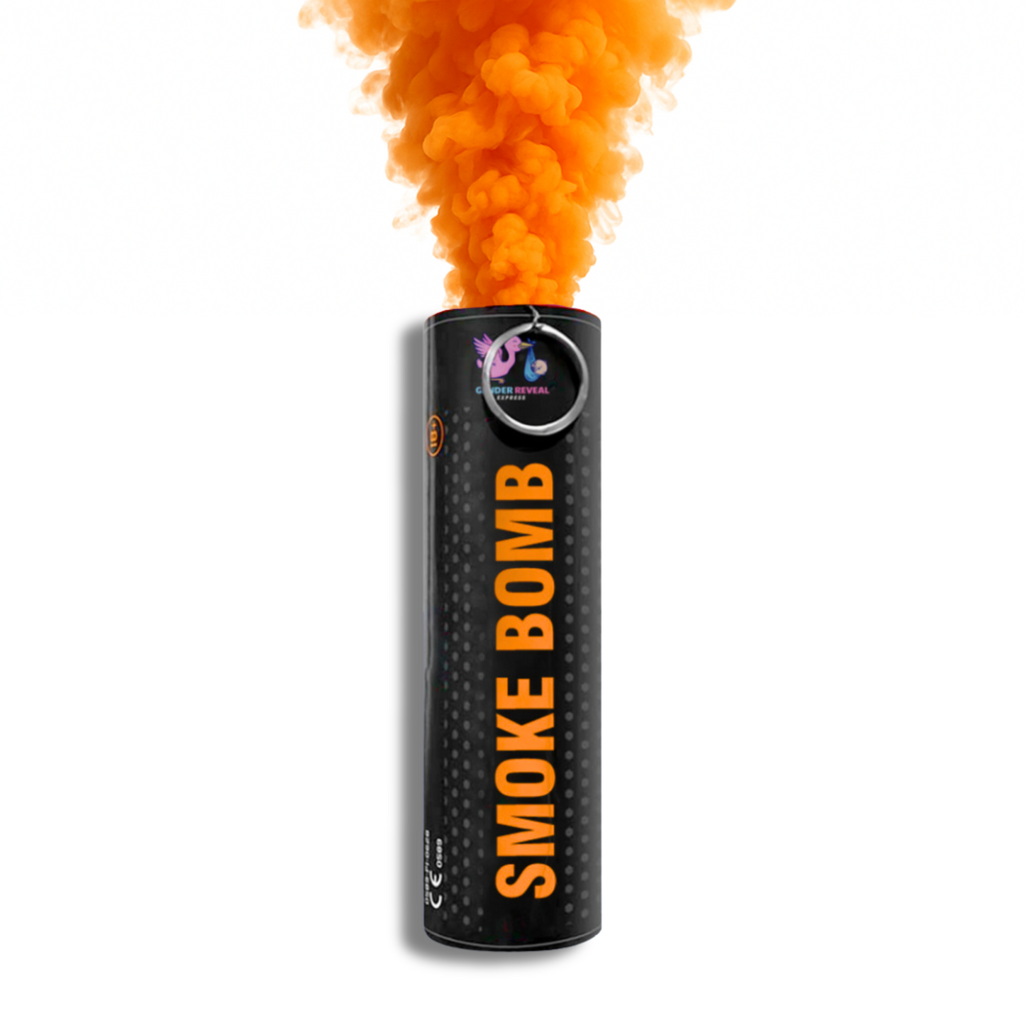 Orange smoke bomb emitter releasing vibrant smoke for photography, gender reveals, parties, sports events and creative effects