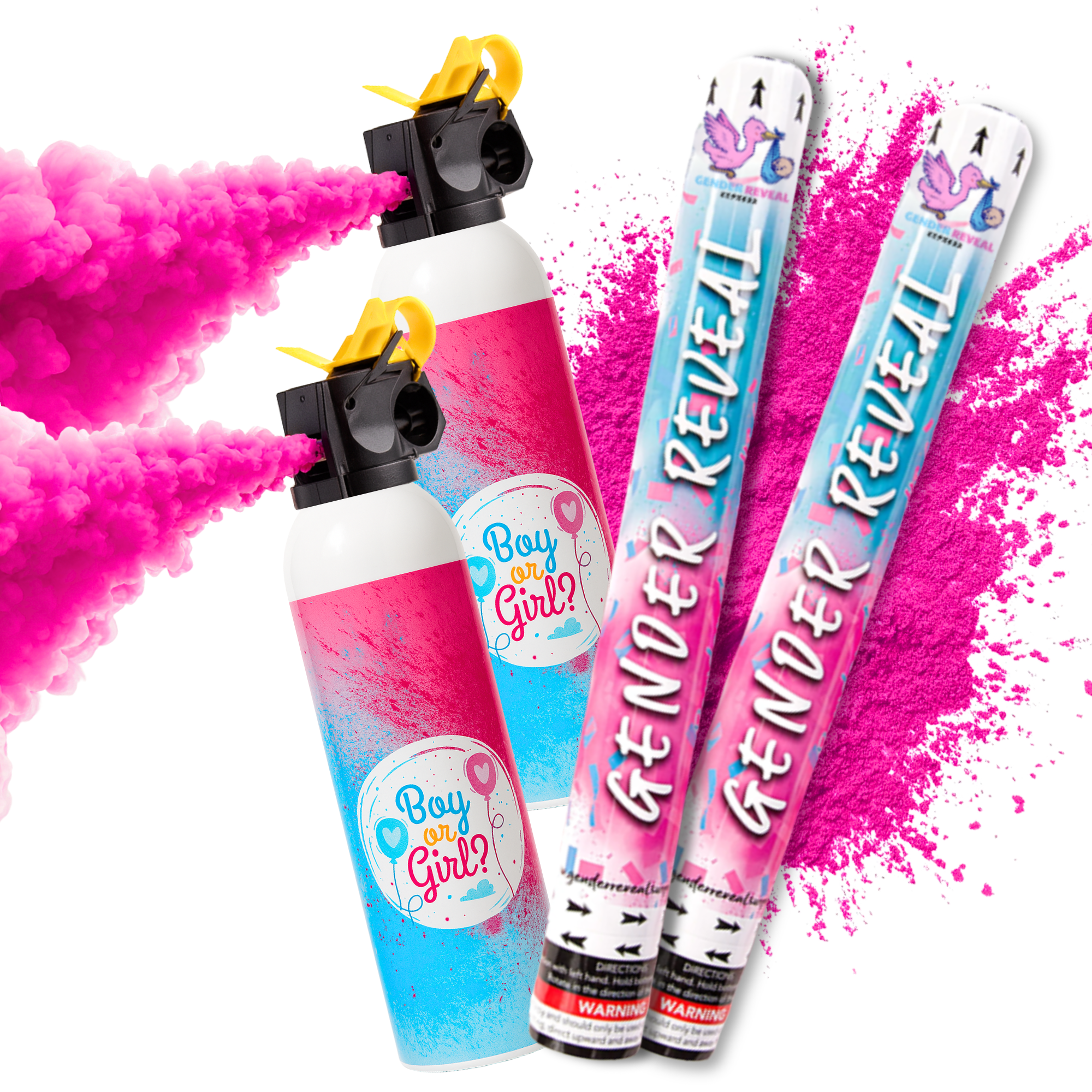Pink gender reveal Cannons and blasters with pink smoke for baby girl Gender Reveal Party.