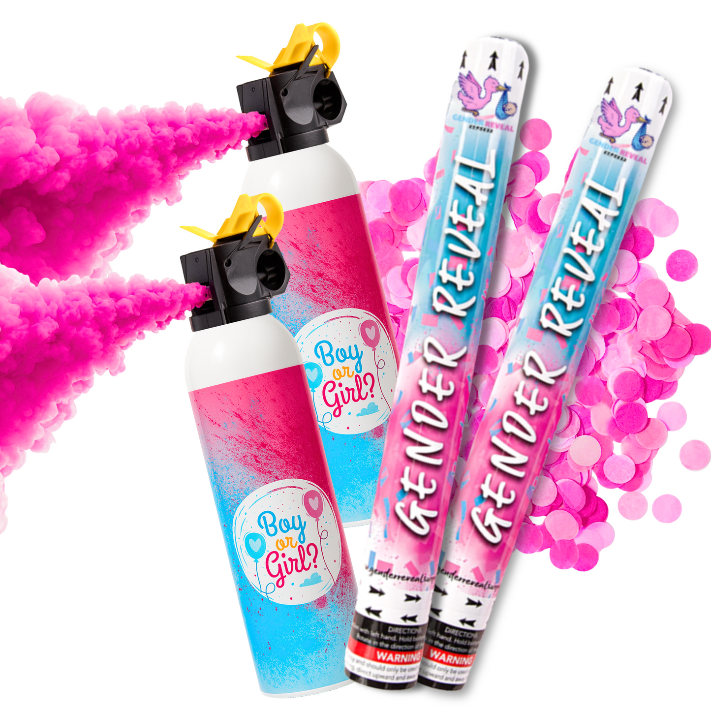 Pink gender reveal Confetti Cannons and blasters with pink smoke for baby girl Gender Reveal Party.