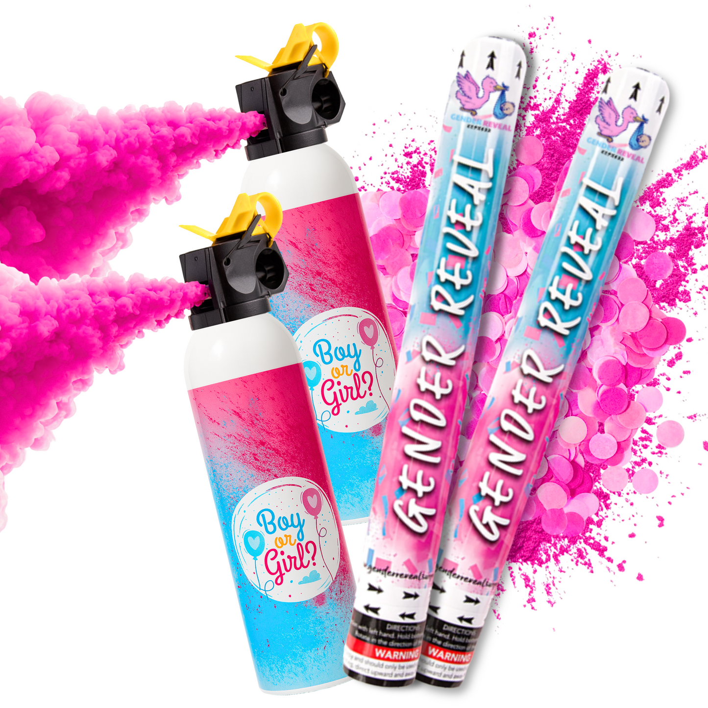 Pink gender reveal Confetti and Powder Cannons and blasters with pink smoke for baby girl Gender Reveal Party.