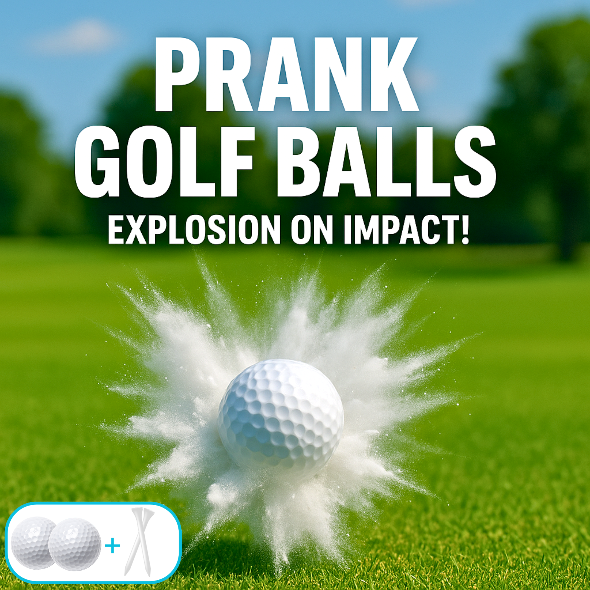 Prank Golf ball with explosion white powder effect on grass, text 'PRANK GOLF BALLS EXPLOSION ON IMPACT!'
