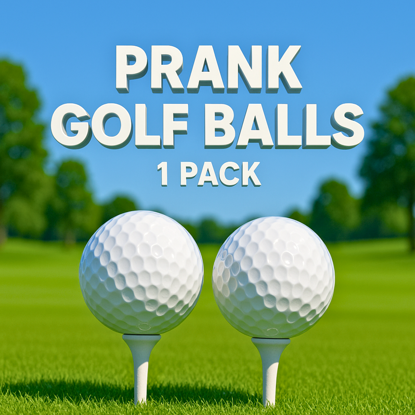 Two golf balls on tees with 'PRANK GOLF BALLS 1 PACK' text against a golf course background.