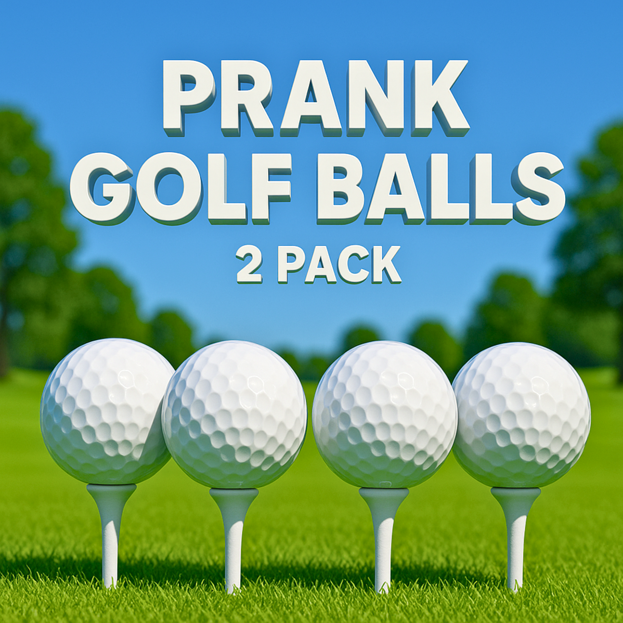 Four prank golf balls on tees with 'Prank Golf Balls 2 Pack' text against a golf course background