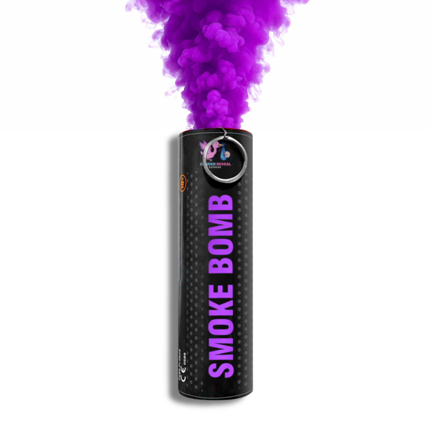 Purple smoke bomb emitter releasing vibrant smoke for photography, gender reveals, parties, sports events and creative effects