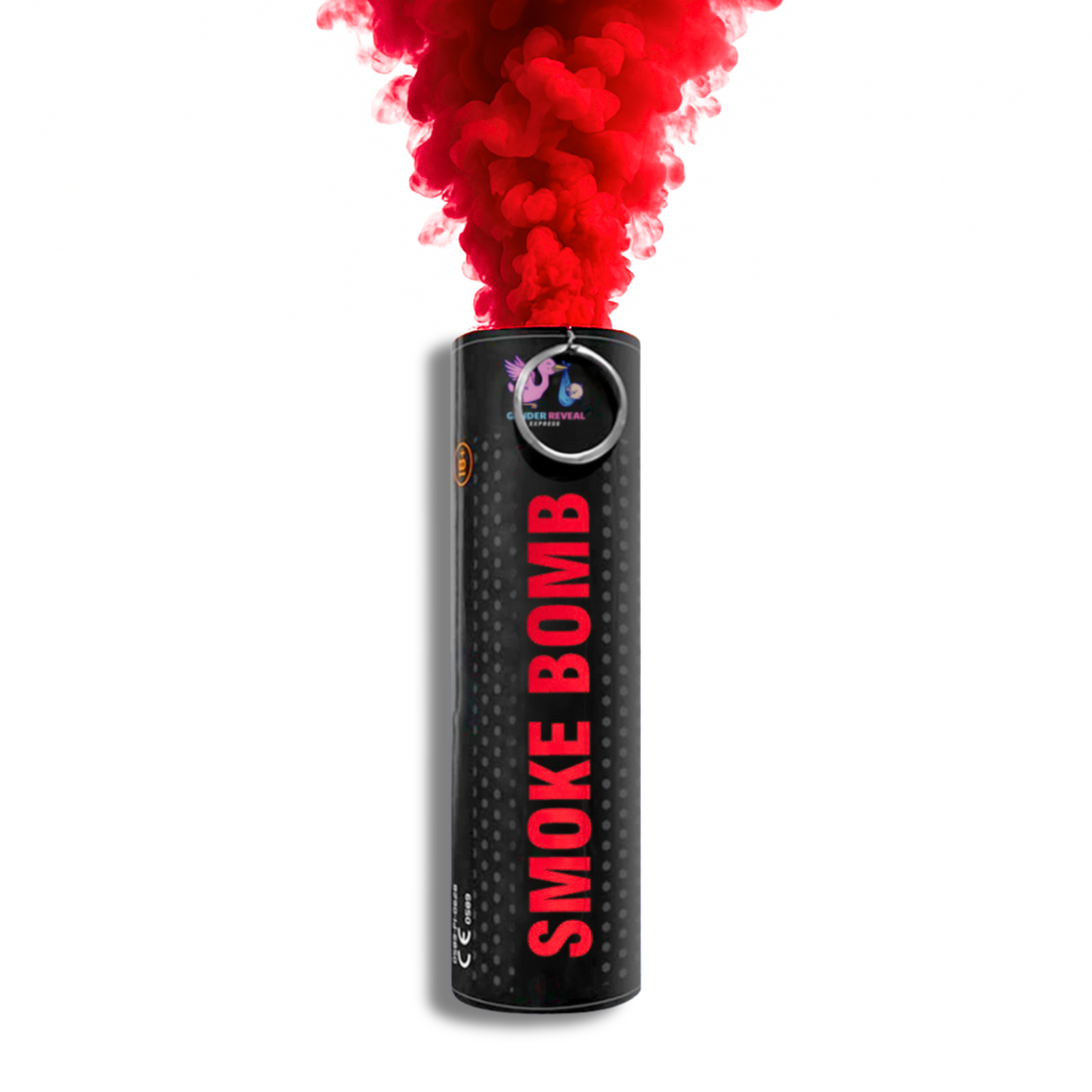 Red smoke bomb emitter releasing vibrant smoke for photography, gender reveals, parties, sports events and creative effects