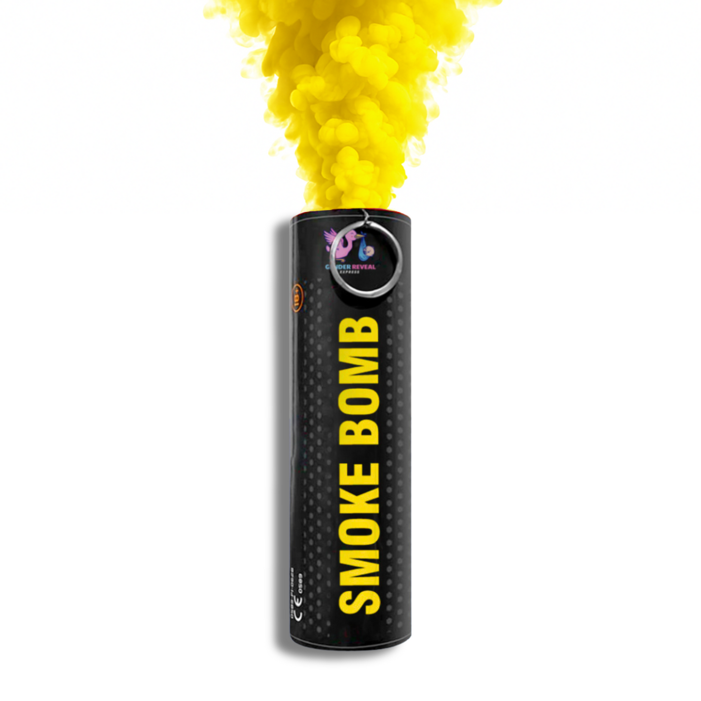 Yellow smoke bomb emitter releasing vibrant smoke for photography, gender reveals, parties, sports events and creative effects
