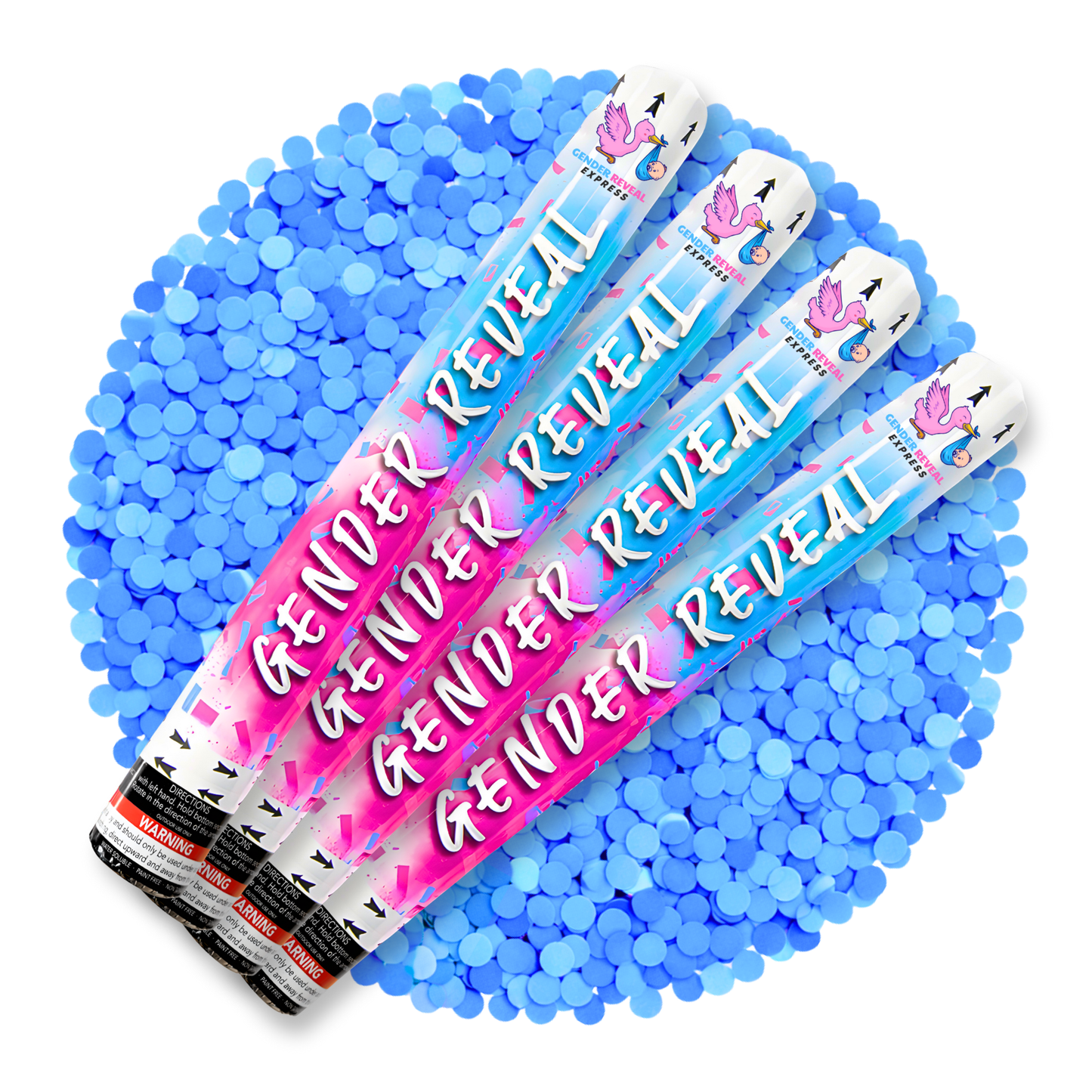 Gender reveal confetti cannons 50cm 4 pack with blue confetti burst on a white background