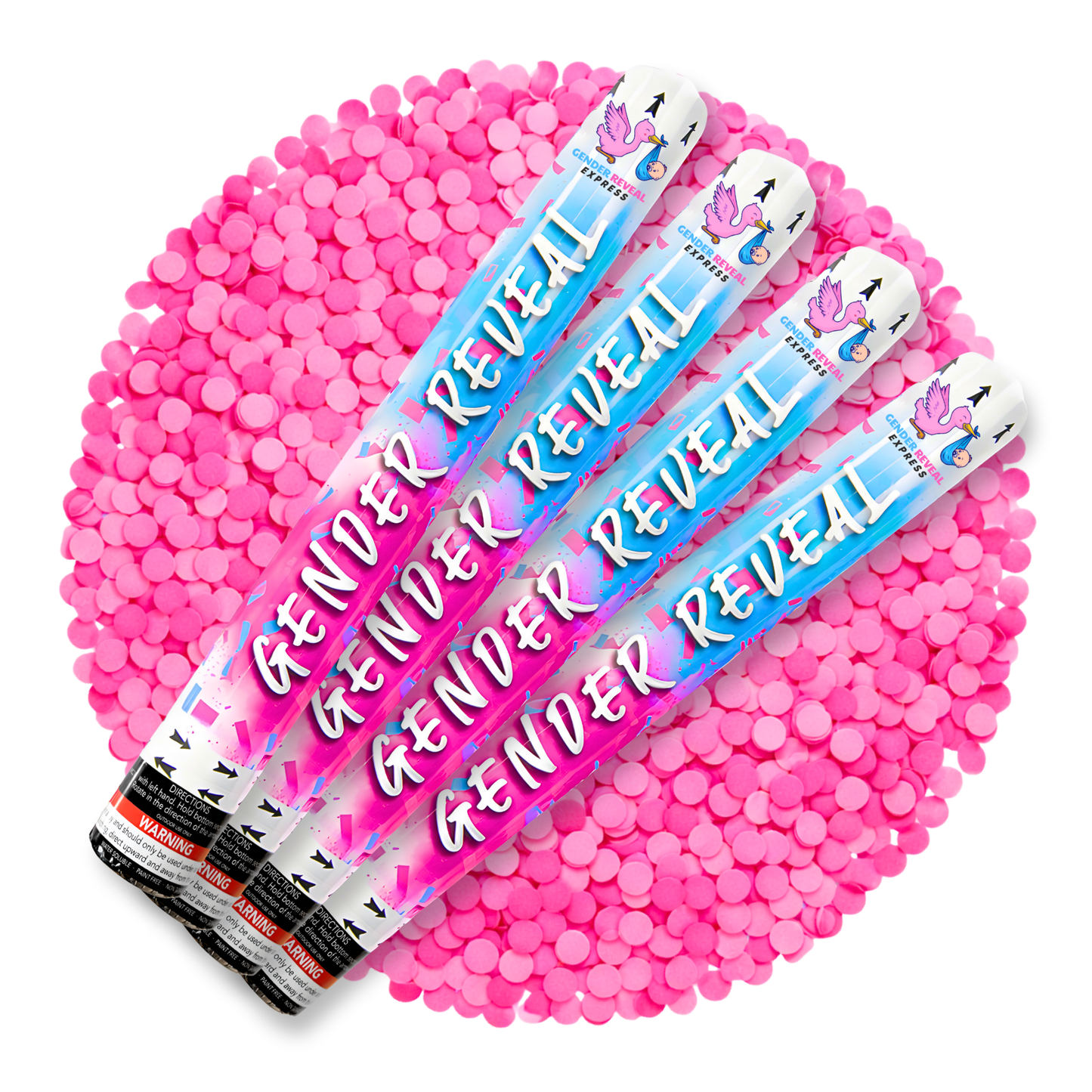 Gender reveal confetti cannons 50cm 4 pack with pink confetti burst on a white background
