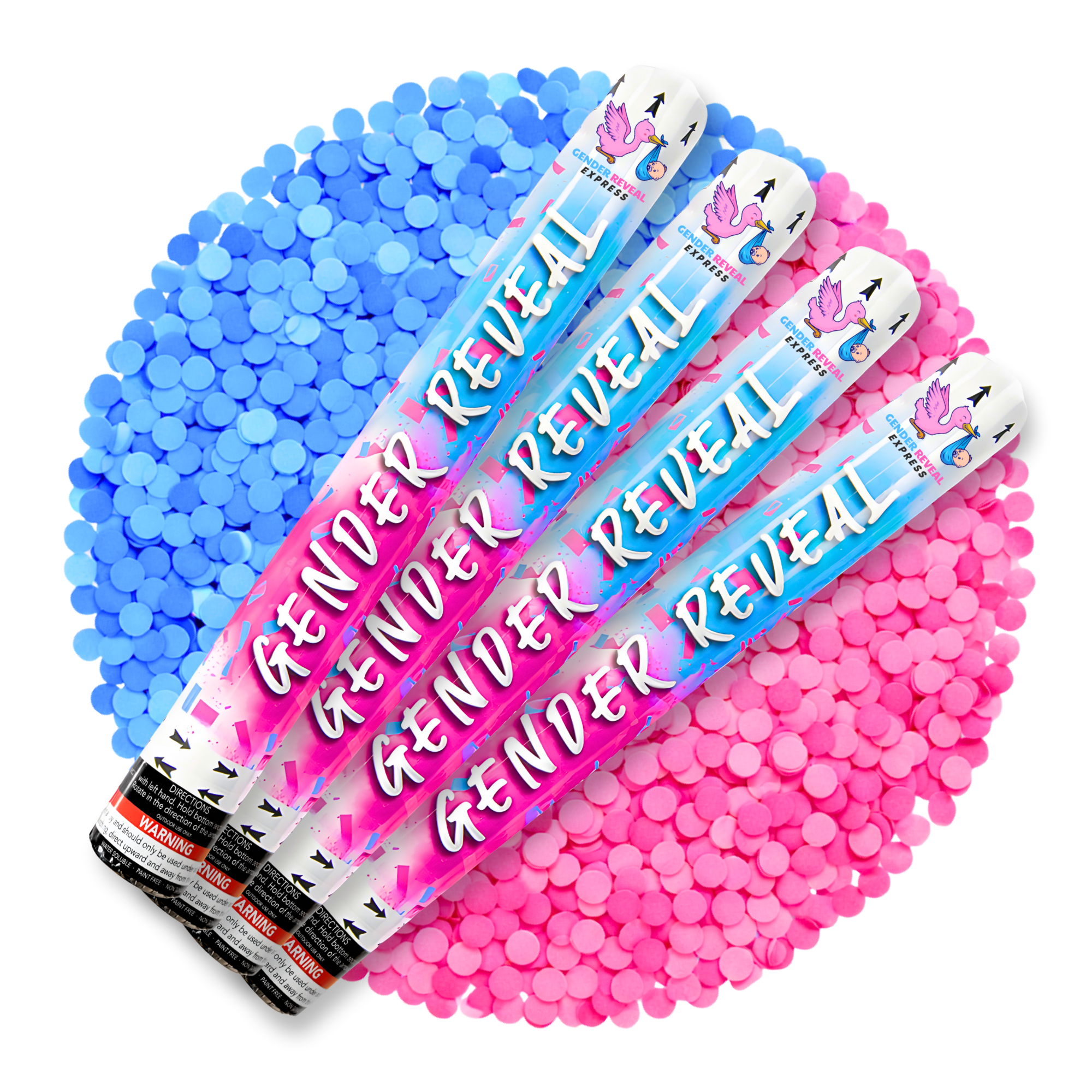 Gender reveal confetti cannons 50cm 4 pack with pink and blue confetti burst on a white background