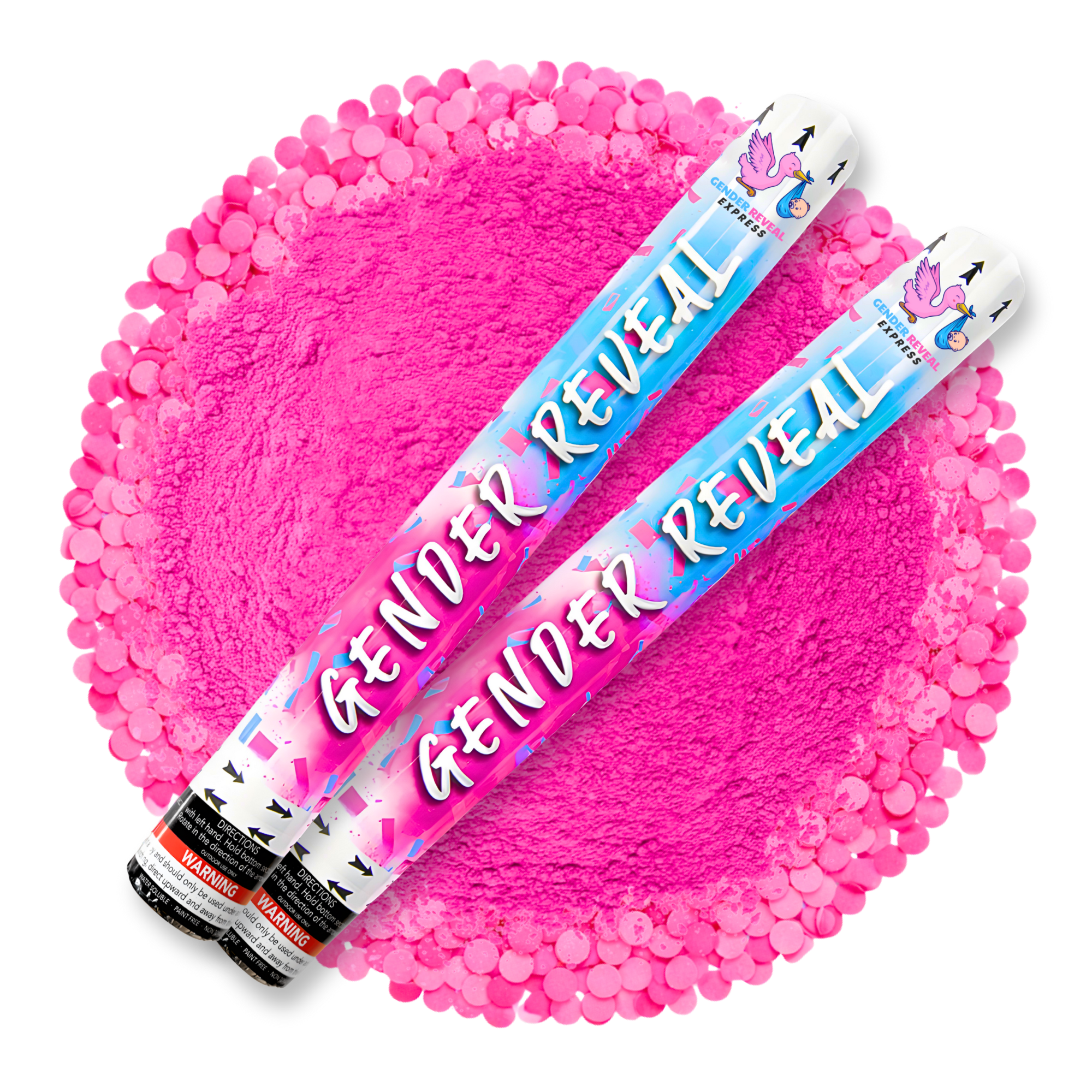 2 pack gender reveal confetti and powder cannons 50cm with pink confetti and powder burst
