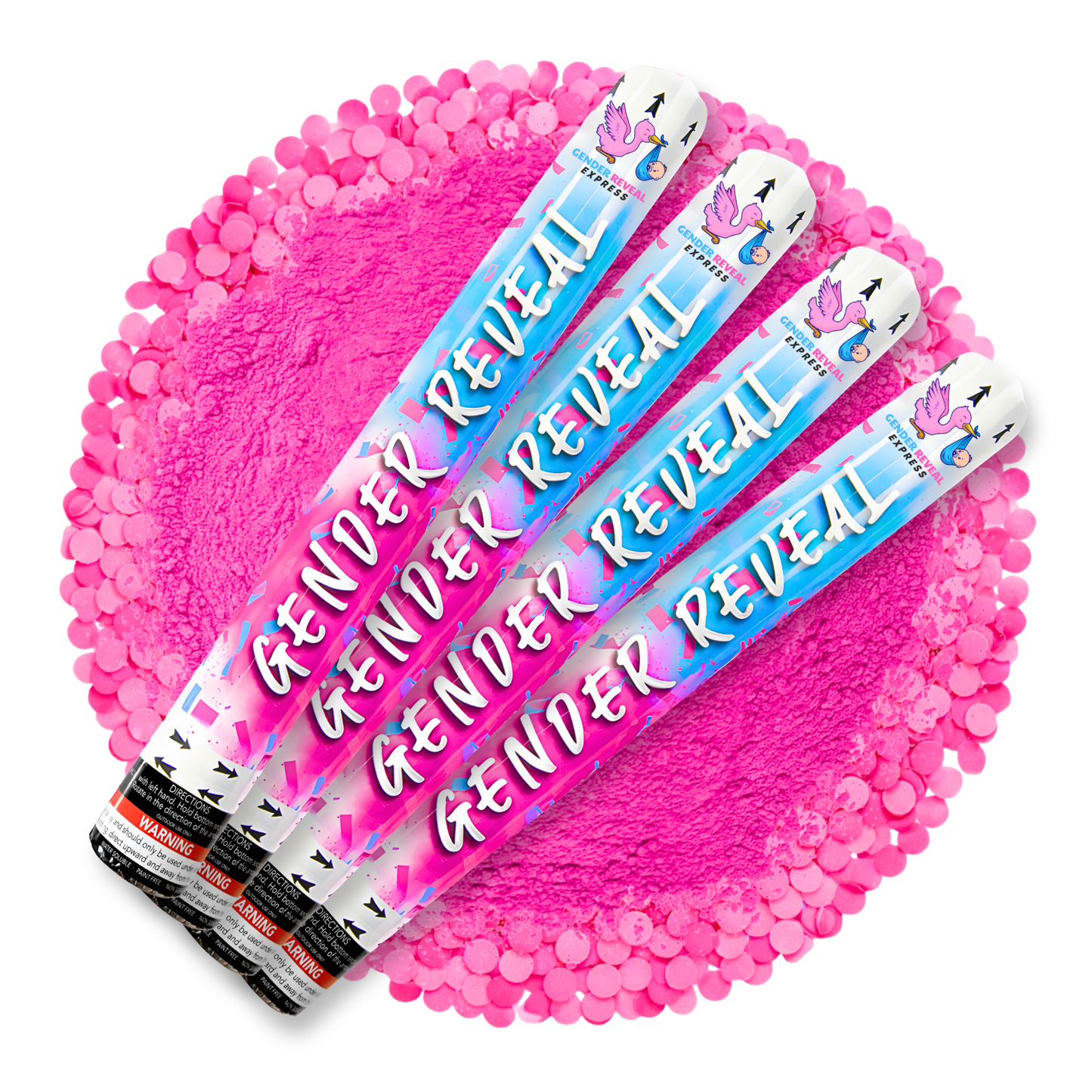 4 pack gender reveal confetti and powder cannons 50cm with pink confetti and powder burst