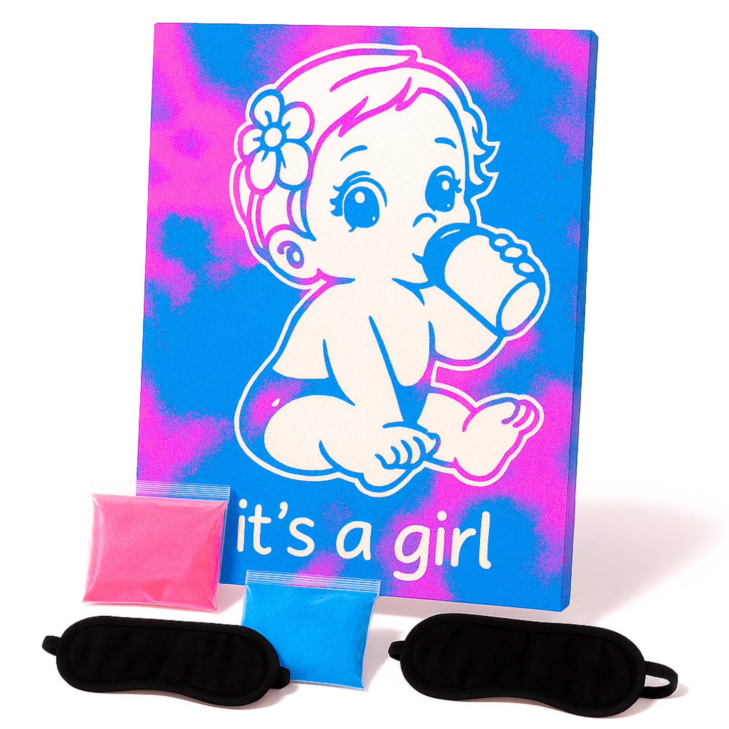Gender Reveal Sand Art Kit “It’s a Girl” canvas with pink and blue sand packets and blindfolds – creative gender reveal ideas and keepsake.