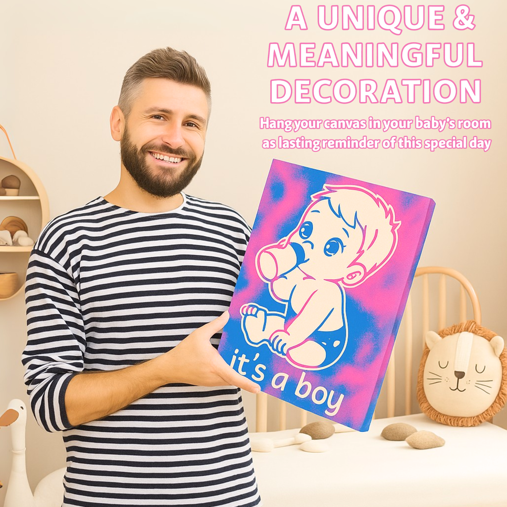 Gender Reveal Sand Art Kit shown with “It’s a Boy” canvas, held in a nursery setting – creative gender reveal ideas and lasting keepsake.
