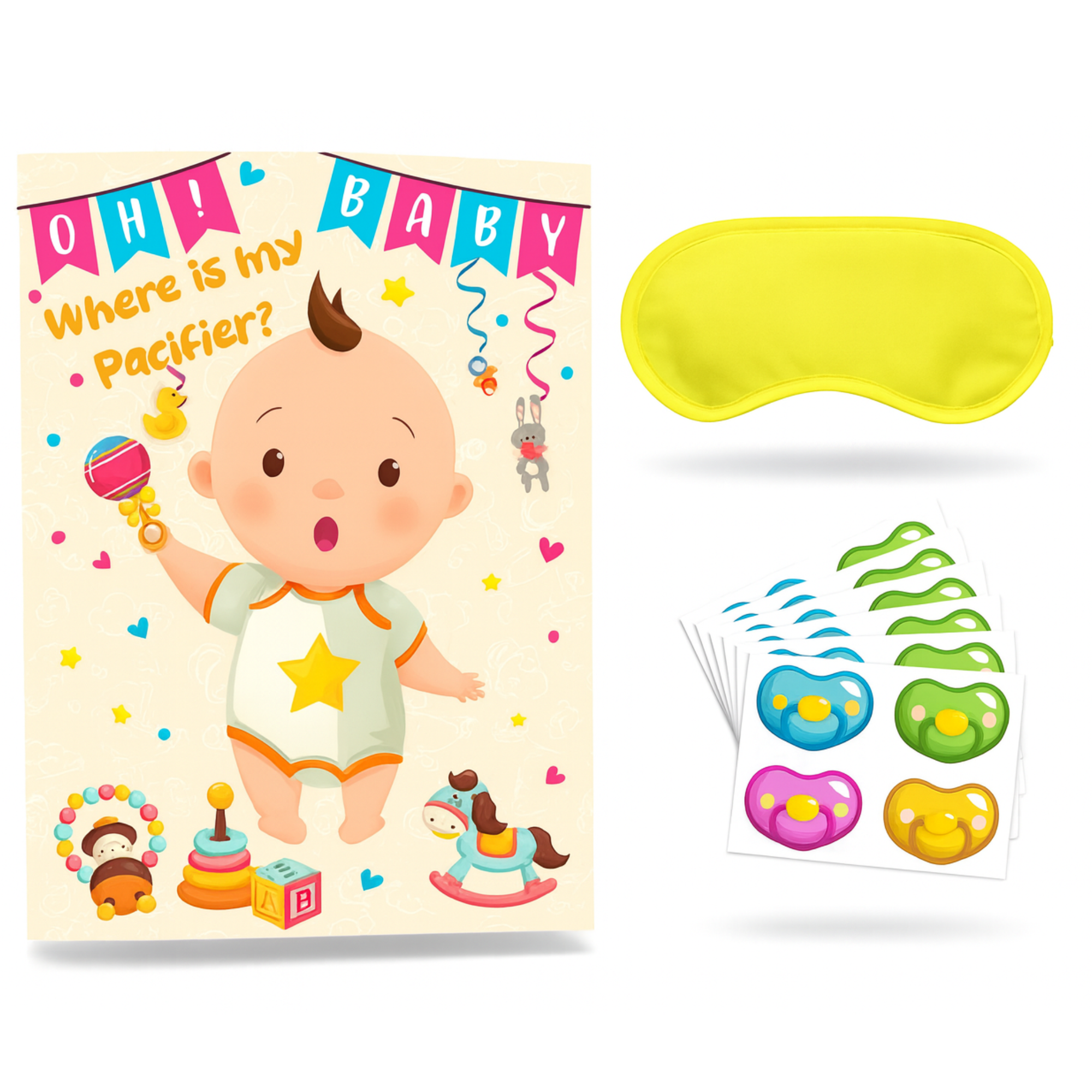 Gender Reveal Pin The Dummy Game set with baby poster, pacifier stickers and yellow blindfold for party fun.