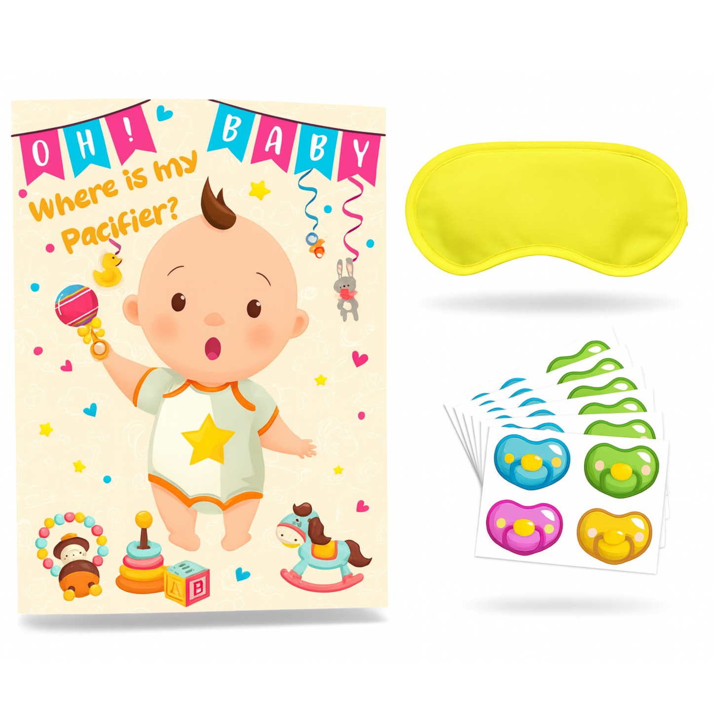 Gender Reveal Pin The Dummy Game set with baby poster, pacifier stickers and yellow blindfold for party fun.