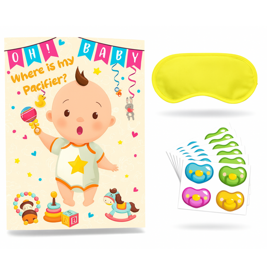 Gender Reveal Pin The Dummy Game set with baby poster, pacifier stickers and yellow blindfold for party fun.
