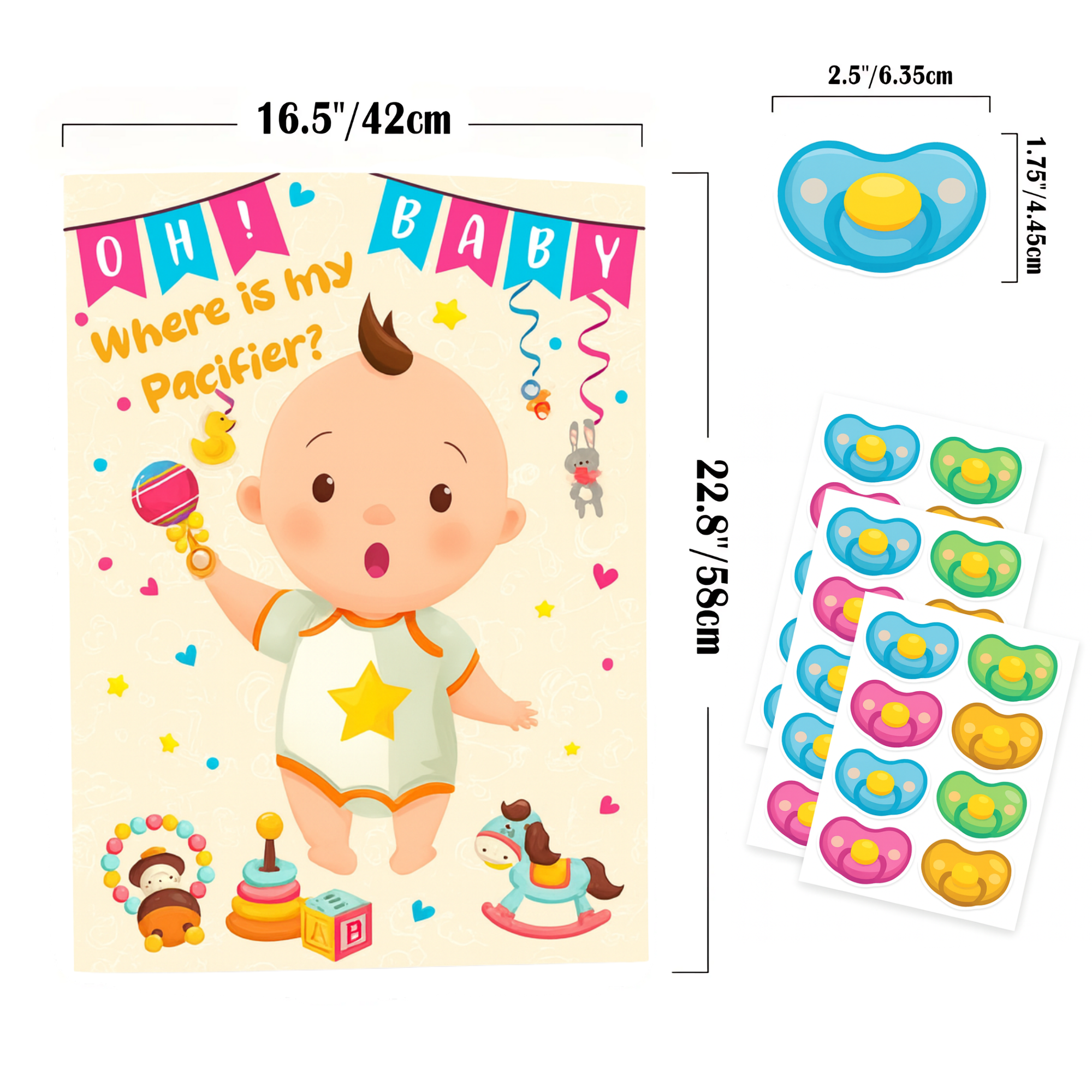 Gender Reveal Pin The Dummy Game poster with baby design, size dimensions and colourful pacifier stickers.