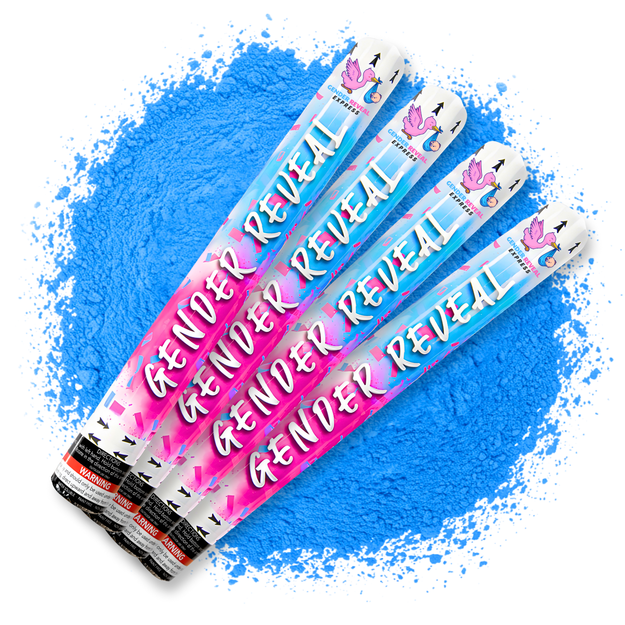 Gender reveal powder cannons 50cm 4 pack with blue powder burst on a white background