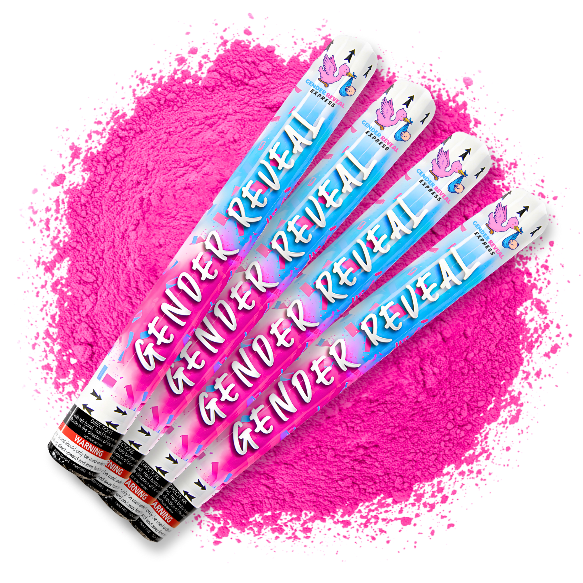 Gender reveal powder cannons 50cm 4 pack with pink powder burst on a white background