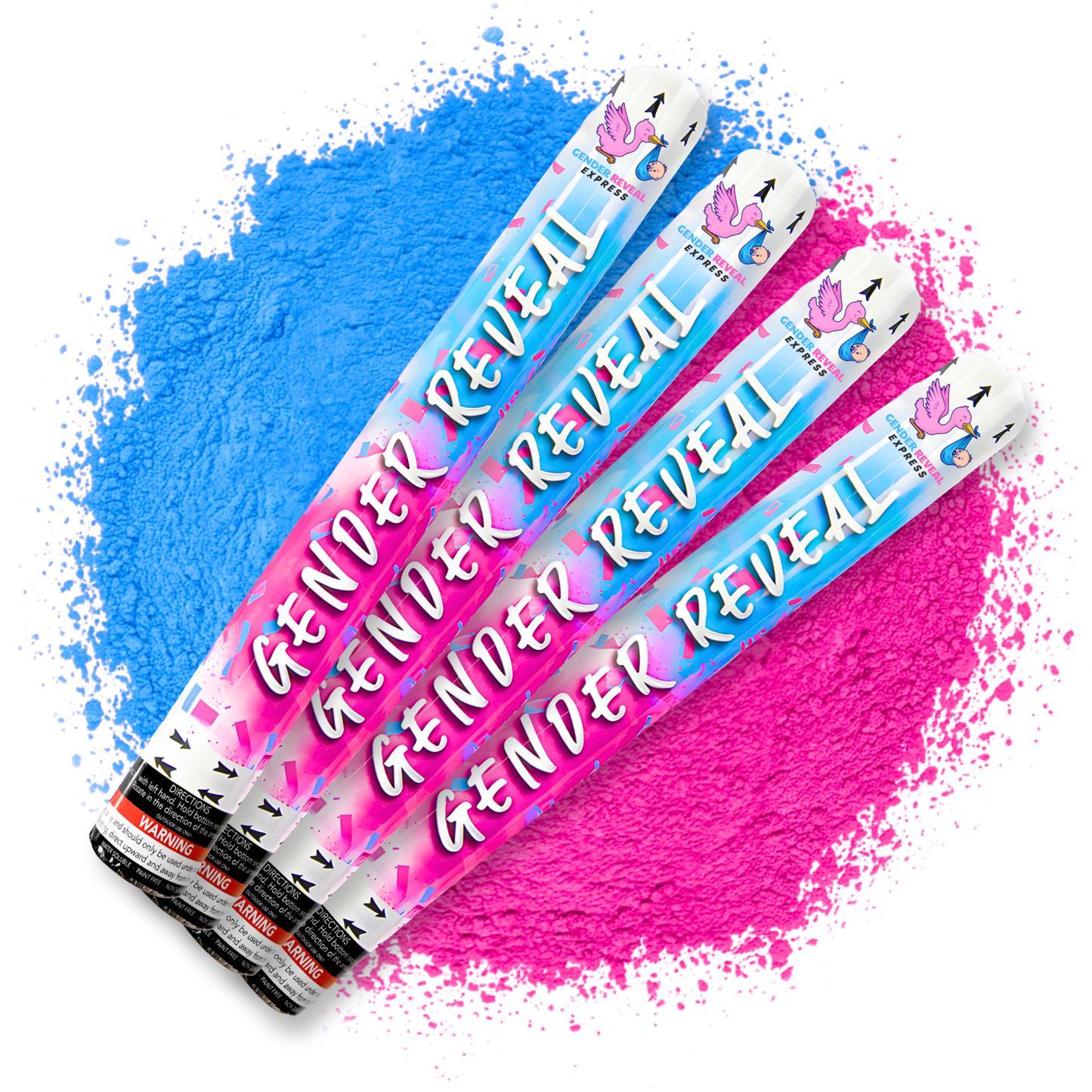 Gender reveal powder cannons 50cm 4 pack with pink and blue powder burst on a white background