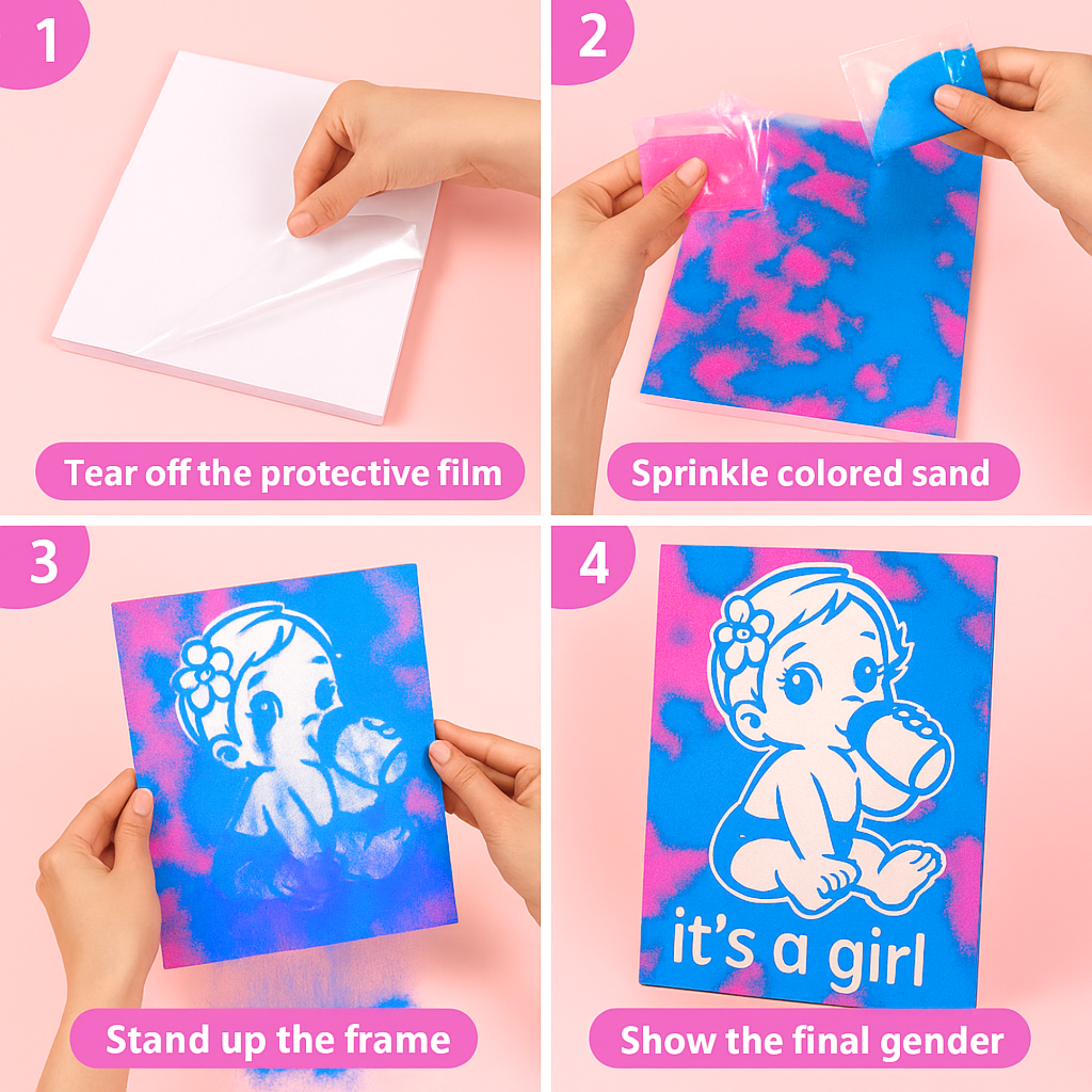 Step-by-step guide for using the Gender Reveal Sand Art Kit – peel film, sprinkle pink and blue sand, stand the canvas, and reveal the final gender.