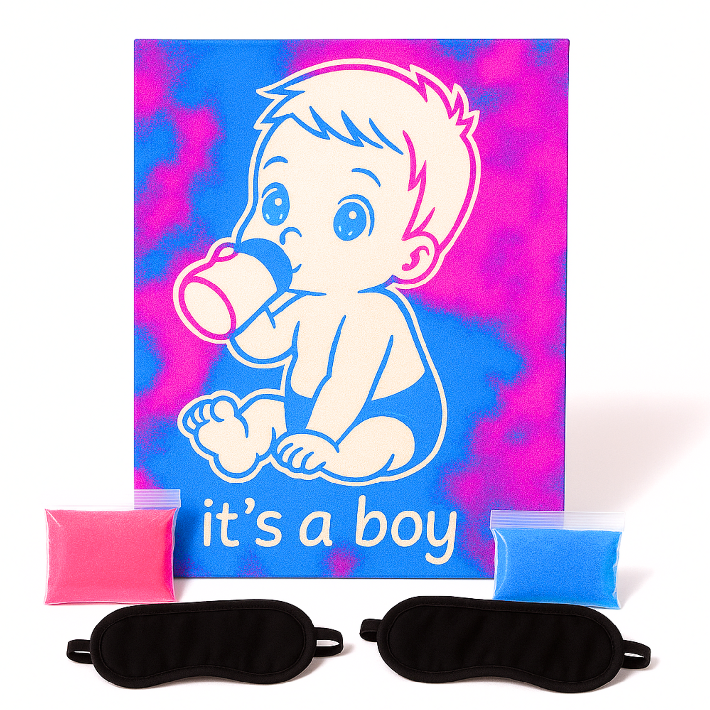 Gender Reveal Sand Art Kit “It’s a Boy” canvas with pink and blue sand packets and blindfolds – creative gender reveal ideas and lasting keepsake.