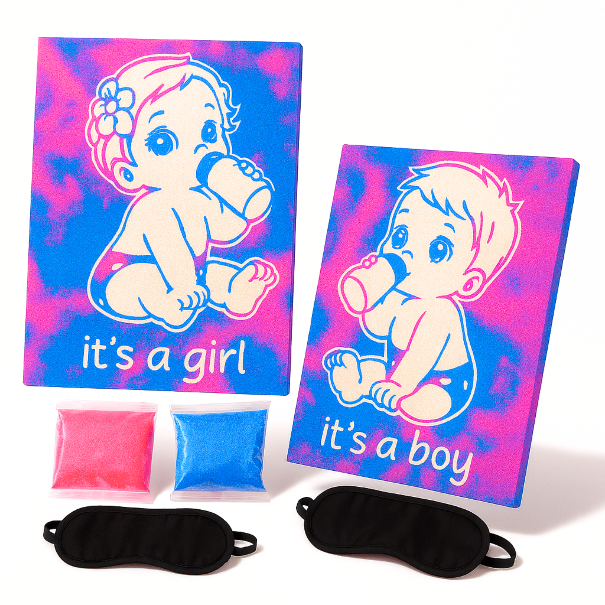 Gender Reveal Sand Art Kit with “It’s a Boy” and “It’s a Girl” canvas, pink and blue sand packets, and blindfolds – creative gender reveal idea.