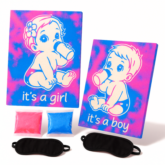 Gender Reveal Sand Art Kit with “It’s a Boy” and “It’s a Girl” canvas, pink and blue sand packets, and blindfolds – creative gender reveal idea.