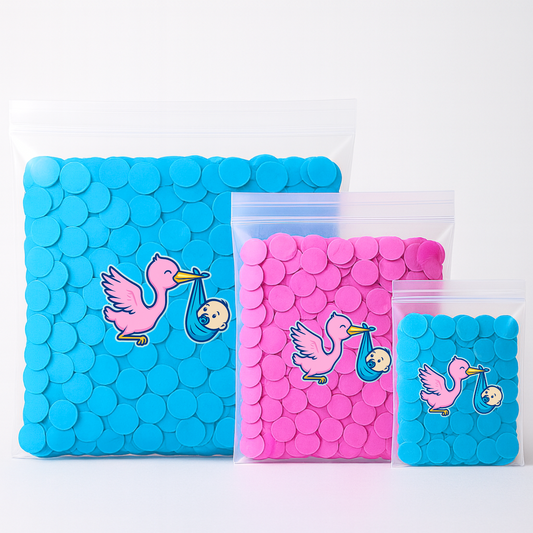 Pink and blue biodegradable gender reveal confetti bags – perfect for baby showers, parties, and special celebrations.